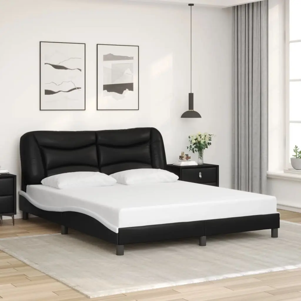 Bed Frame with LED Lights Faux Leather Upholstered 152x203 cm Black and White
