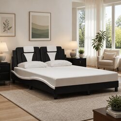 Bed Frame with LED Lights Black White Faux Leather Headboard 137x190cm