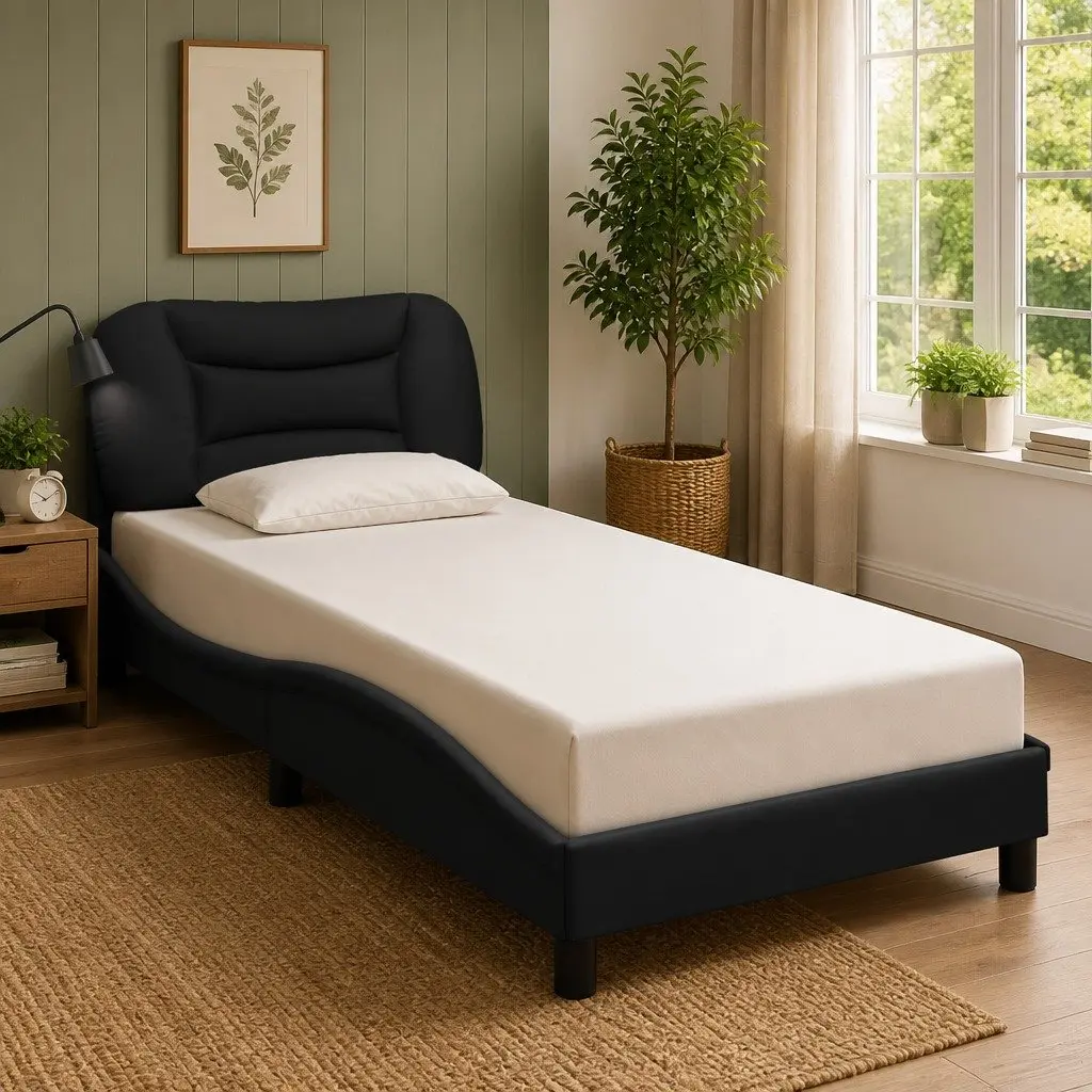 Bed Frame with LED Lights Slatted Base Support 90x190 cm Black Fabric Upholstery