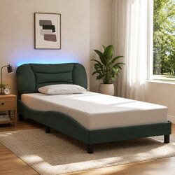 King Single Bed Frame with LED Lights Grey Fabric Headboard Plywood Slats