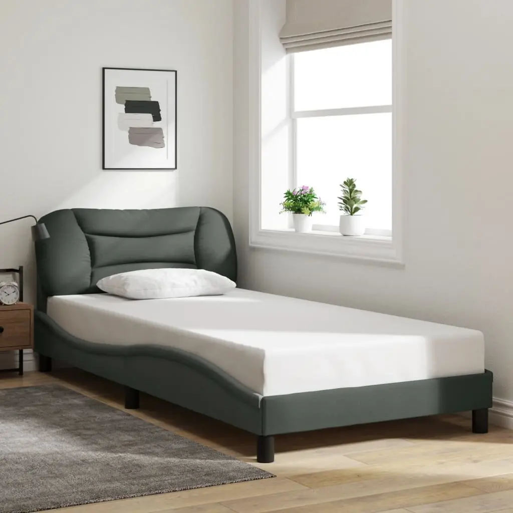 Bed Frame with LED Lights King Single Grey Fabric Headboard Plywood Slats