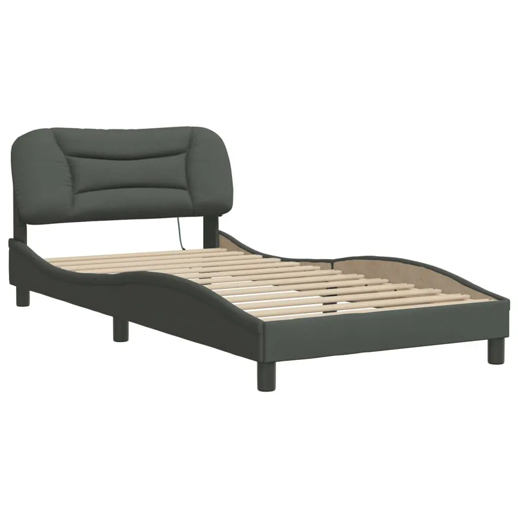 Bed Frame with LED Lights King Single Grey Fabric Headboard Plywood Slats