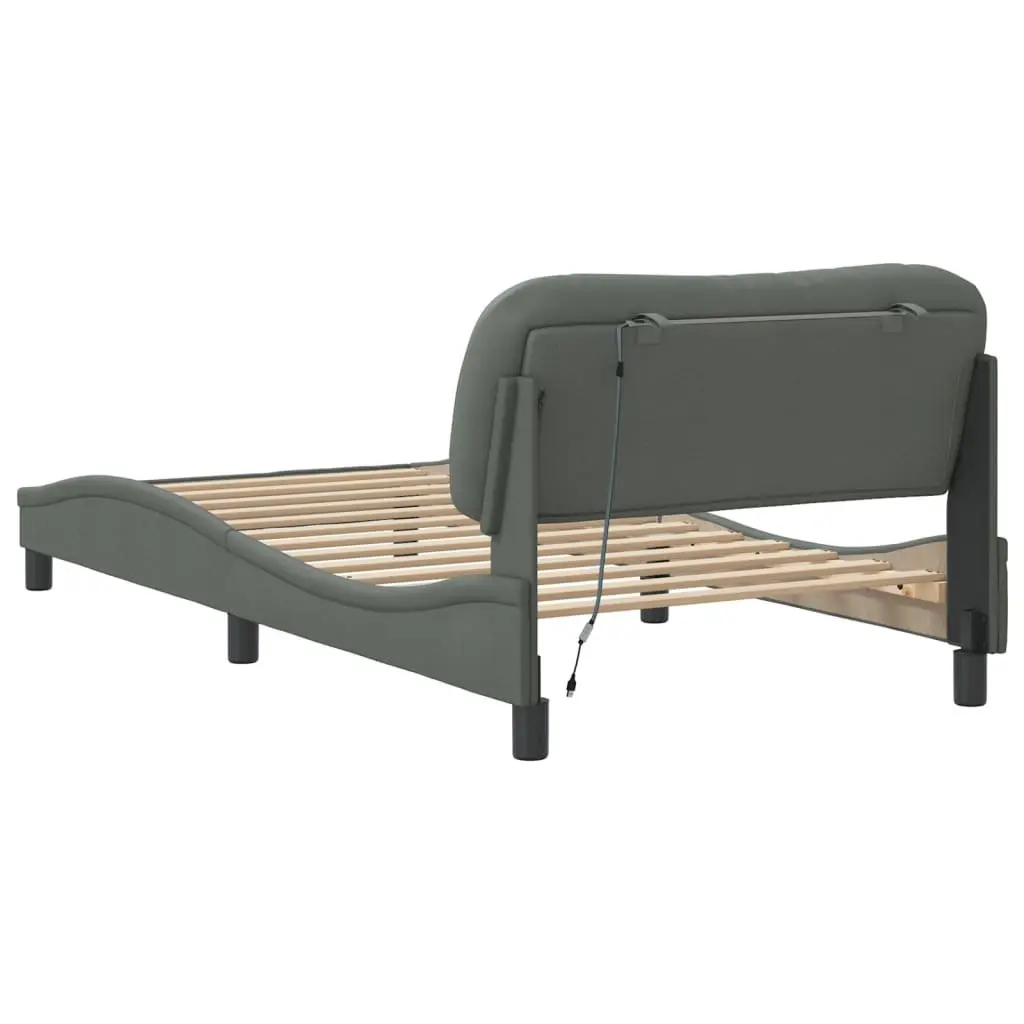 Bed Frame with LED Lights King Single Grey Fabric Headboard Plywood Slats