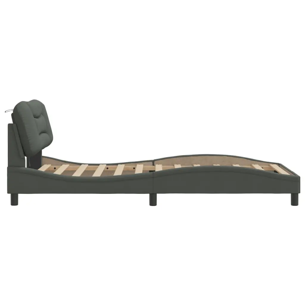 Bed Frame with LED Lights King Single Grey Fabric Headboard Plywood Slats