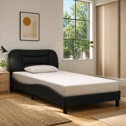 King Single Bed Frame with LED Lights Waved Design Black Fabric Headboard