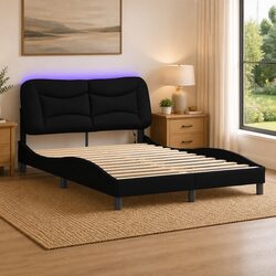 Double Bed Frame with LED Lights Black Fabric Headboard 137x190 cm Bedroom