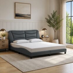 Queen Bed Frame with LED Lights Grey Fabric Headboard 152x203 cm Bedroom