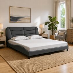 King Bed Frame with LED Lights Grey Fabric Headboard 180x200cm Bedroom Furniture