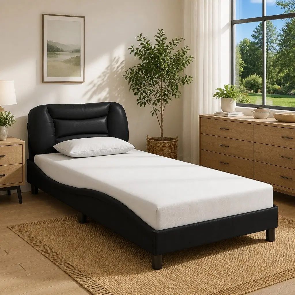 Black Bed Frame with LED Lights and Padded Headboard 90x190 cm Faux Leather
