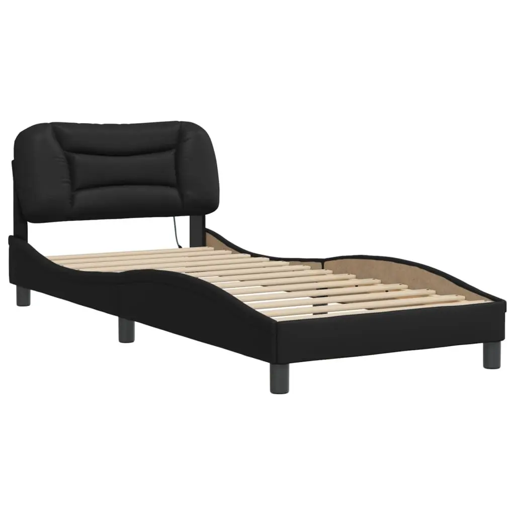 Black Bed Frame with LED Lights and Padded Headboard 90x190 cm Faux Leather