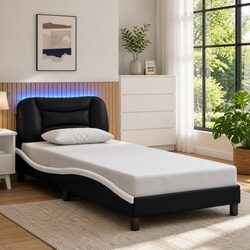 Bed Frame with LED Lights Headboard Black White Faux Leather Slatted Base