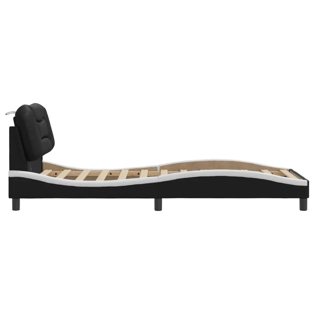 Bed Frame with LED Lights Faux Leather Headboard Slatted Base Black White 90 x 190 cm