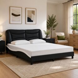 Bed Frame with LED Lights Black White 152x203cm Faux Leather Headboard Slats