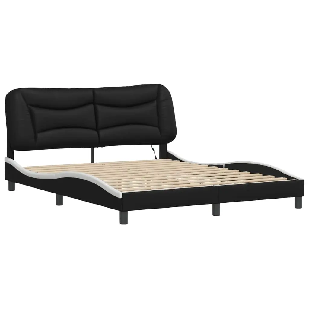 Bed Frame with LED Lights Faux Leather 152x203cm Black White