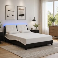 Bed Frame with LED Lights Black White Faux Leather Headboard 137x190 cm