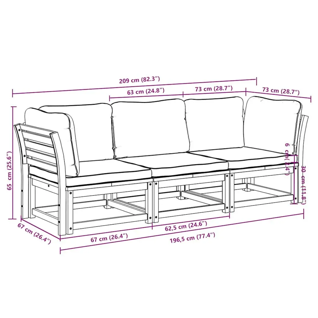 3 Piece Garden Lounge Set Solid Acacia Wood Modular Sectional Sofa with Thick Cushions Brown