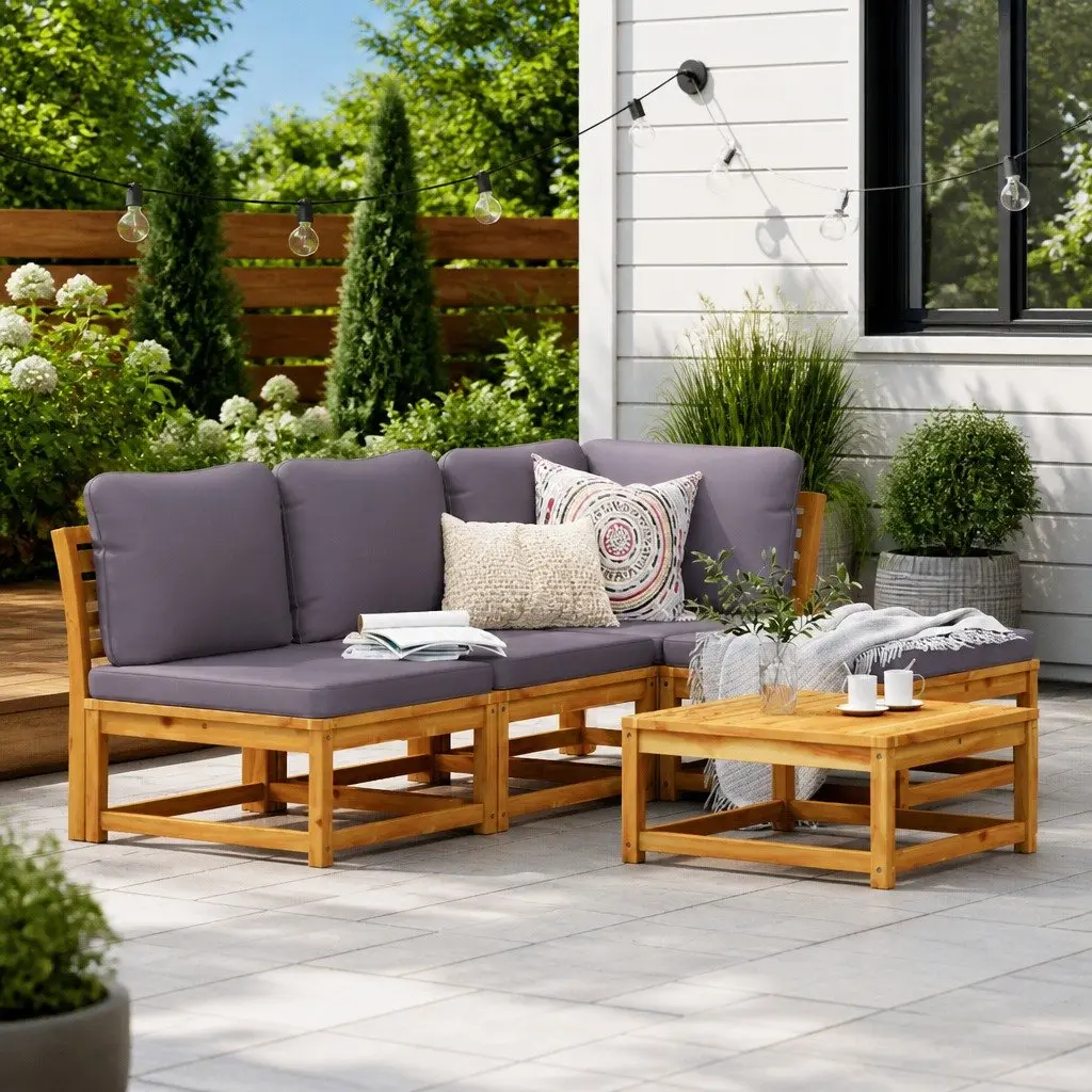 5 Piece Outdoor Garden Lounge Set Acacia Wood Sectional Sofa with Cushions Brown