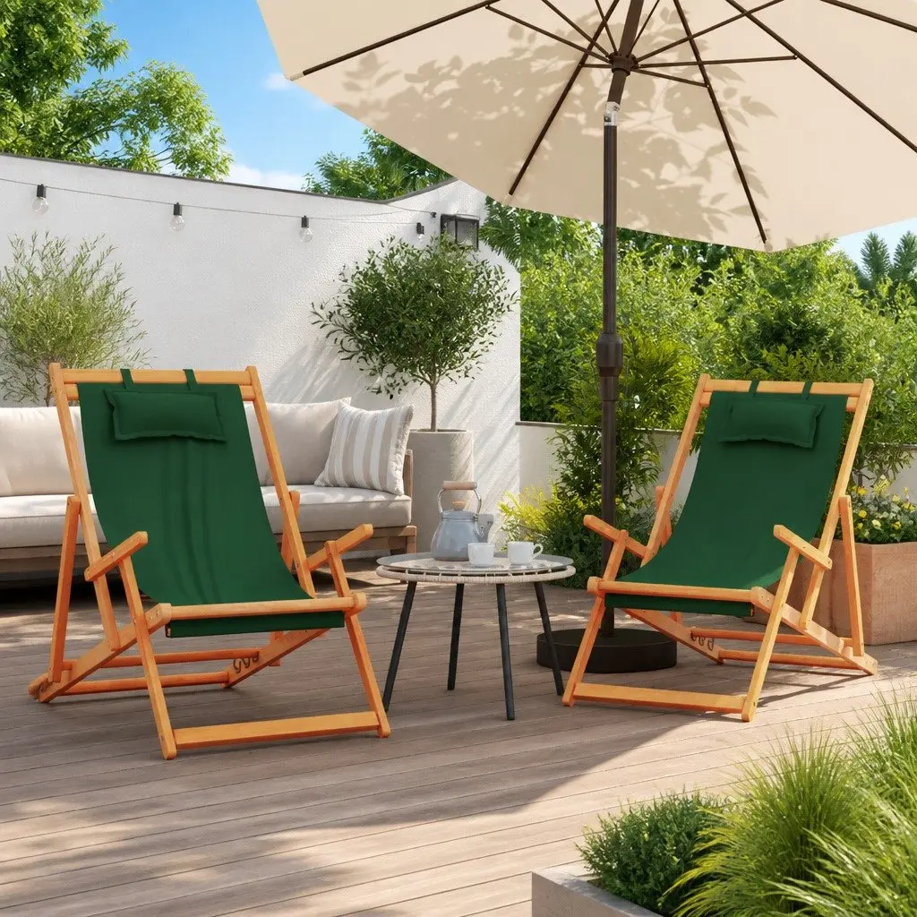 Folding Beach Chairs Adjustable 3 Positions Green Outdoor Lounge Reclining 2 Piece