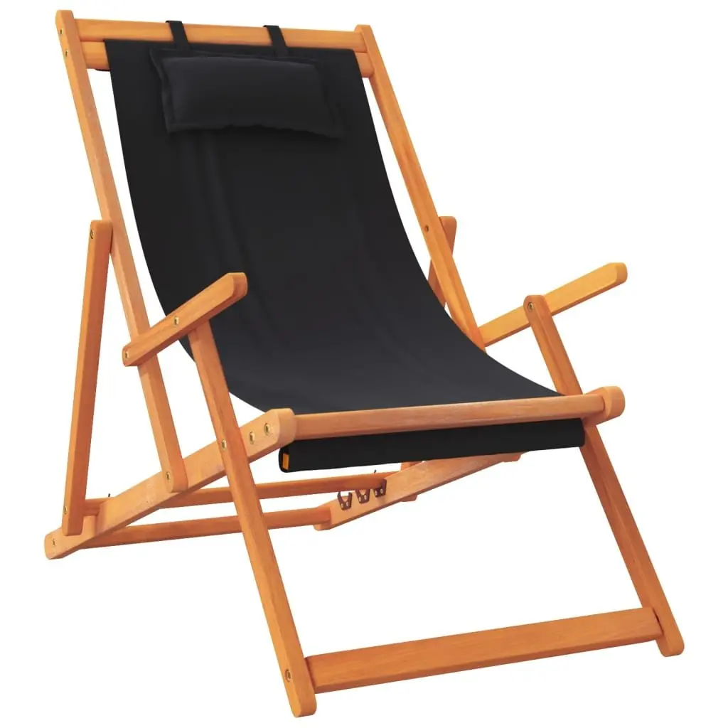 Folding Beach Chairs Adjustable Reclining 2 Piece Black Wooden Frame Outdoor Lounge