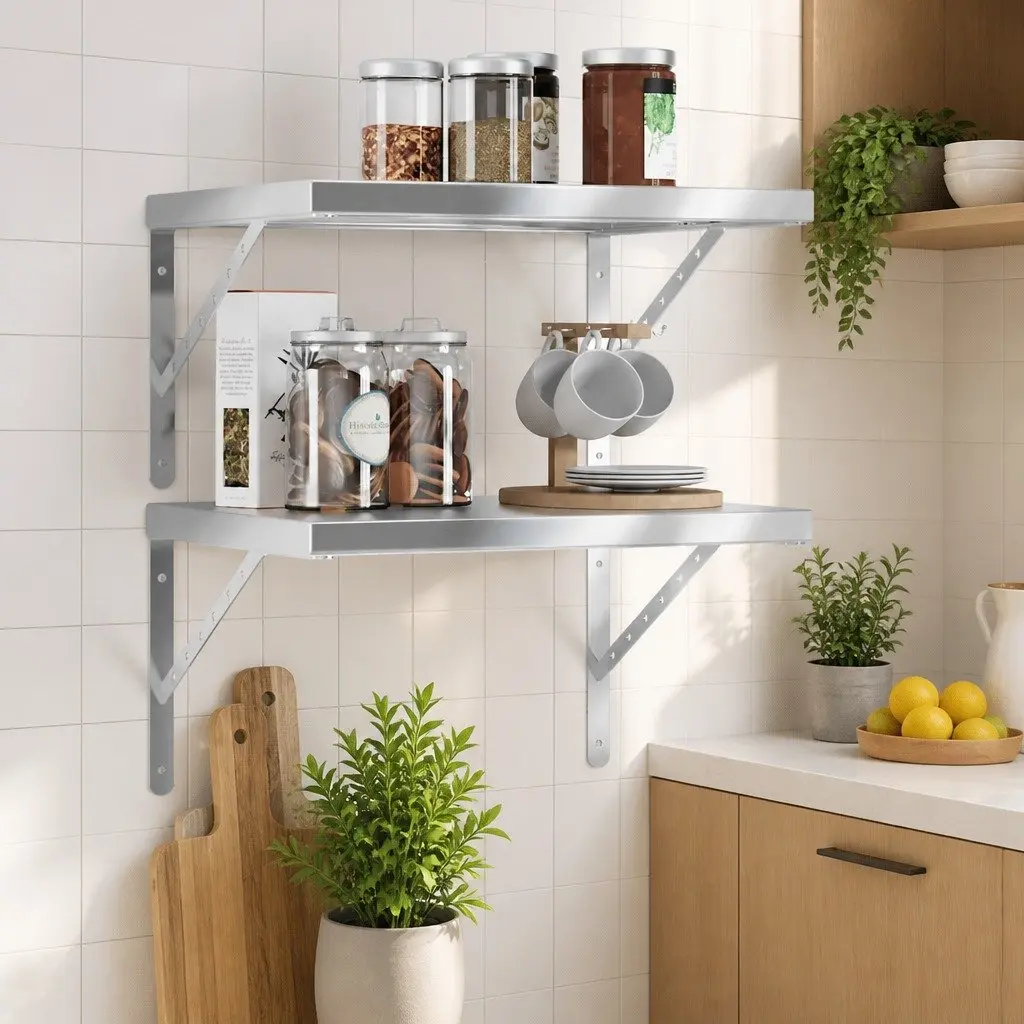 Wall Shelves Floating Storage Display 50x40 cm Silver Stainless Steel 2 Piece