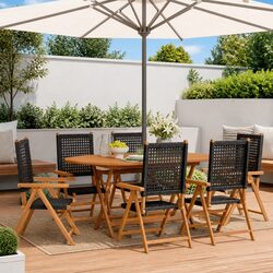Outdoor Reclining Garden Chairs Set 6 pcs Black Poly Rattan Acacia Wood Folding