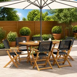 Outdoor Folding Garden Chairs Set 6 pcs Black Poly Rattan Wood Patio Seating