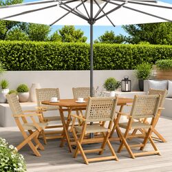 Outdoor Folding Garden Chairs 6 pcs Beige Poly Rattan Solid Wood Patio Seating