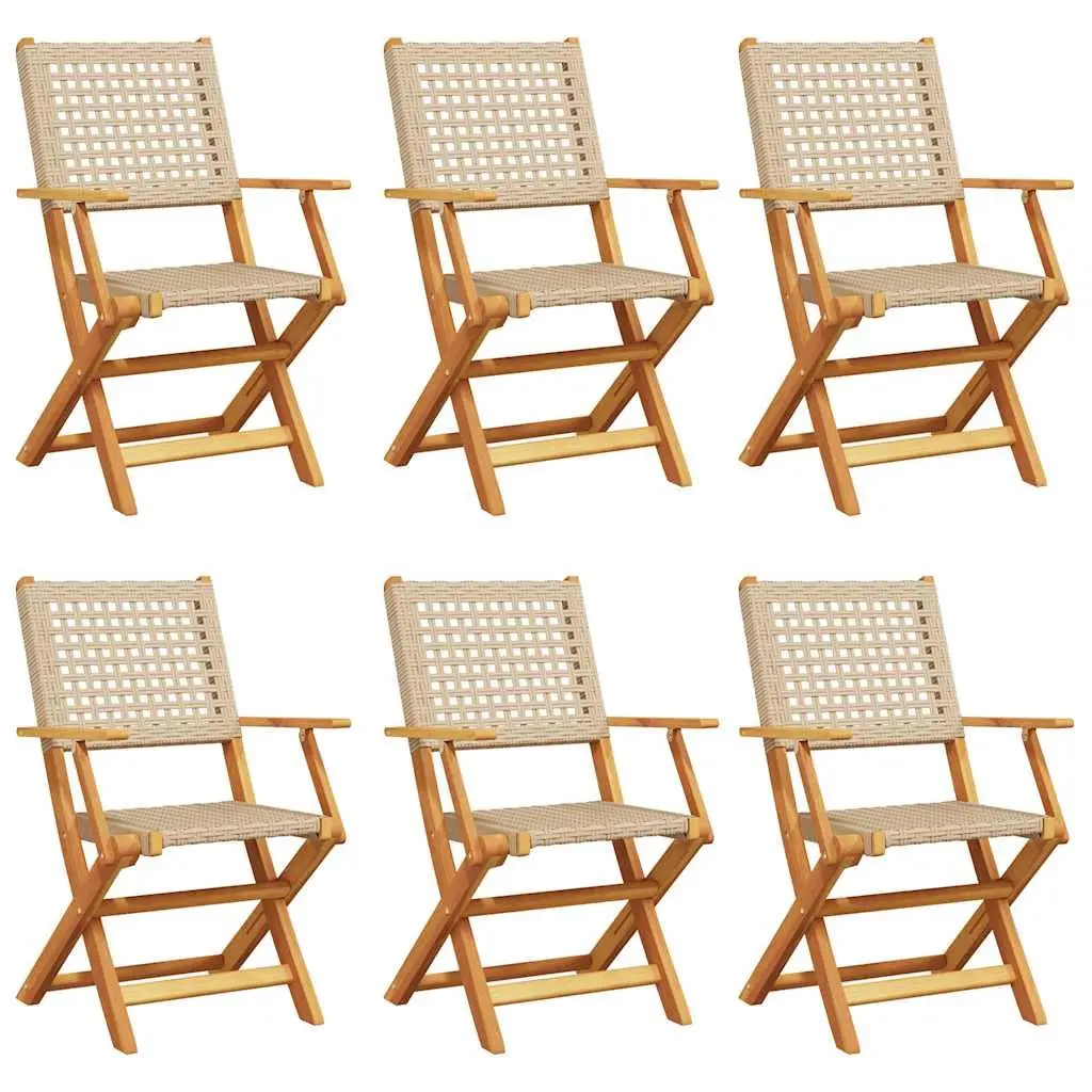 Folding Garden Chairs 6 Piece Durable Poly Rattan Solid Acacia Wood Beige Outdoor Seating