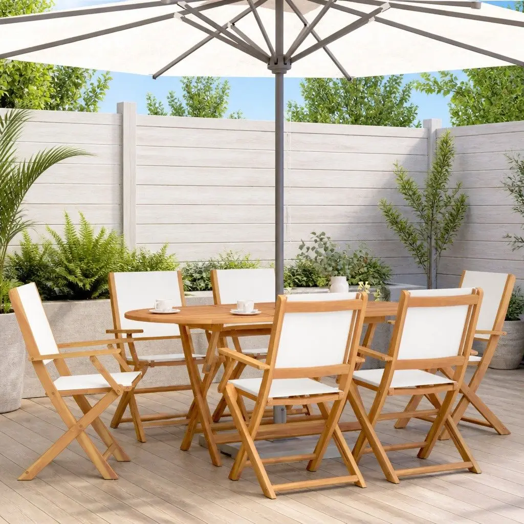 Folding Garden Chairs Set 6 pcs White Fabric Wood Outdoor Seating Patio