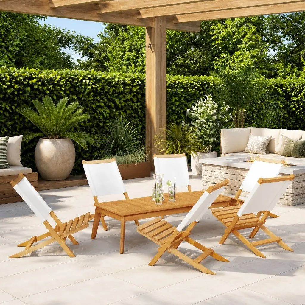 Folding Garden Chairs 6 Piece Set Outdoor Seating Wood White Fabric Patio