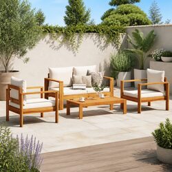 4 Piece Garden Sofa Set Solid Acacia Wood Outdoor Furniture Red Cushions Patio