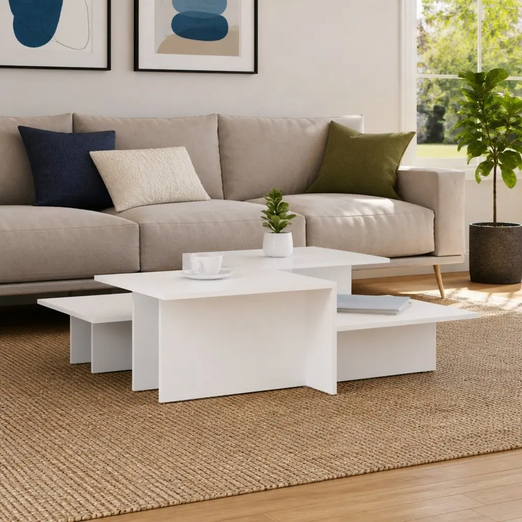 Coffee Table Set 2 Pieces Engineered Wood White Living Room Accent Furniture