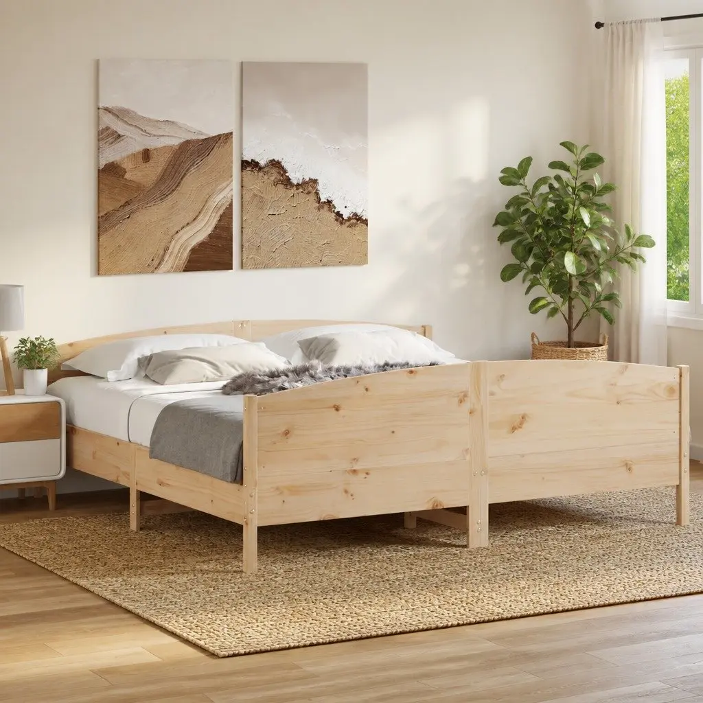 King Bed Frame Solid Pine Wood 183x203cm Brown Headboard Footboard Slatted Base