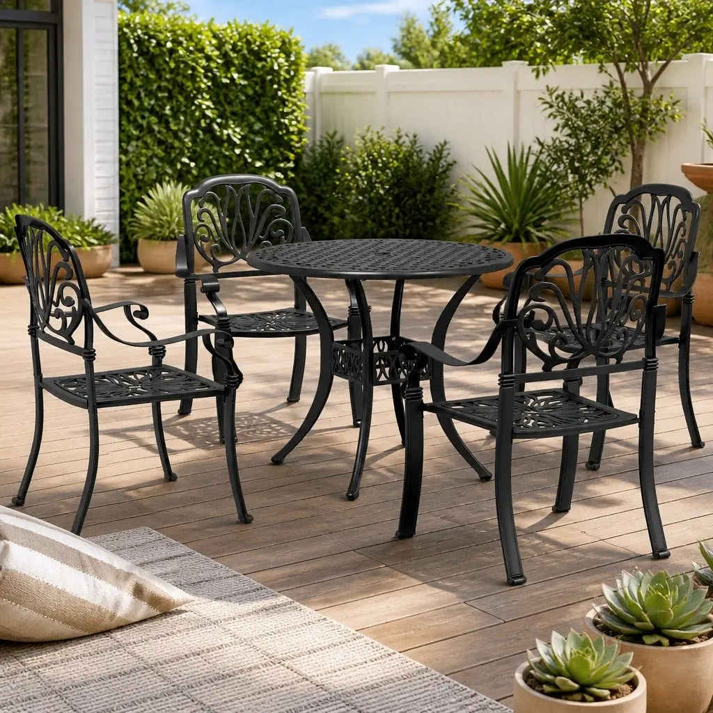 Garden Dining Set 5 Piece Black Cast Aluminium Outdoor Furniture Patio Table Chairs