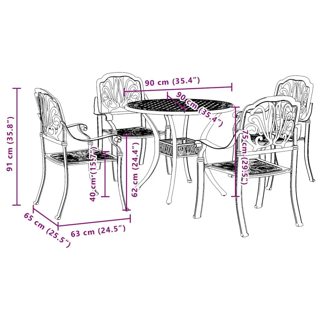 Garden Dining Set 5 Piece Black Cast Aluminium Outdoor Furniture Patio Table Chairs