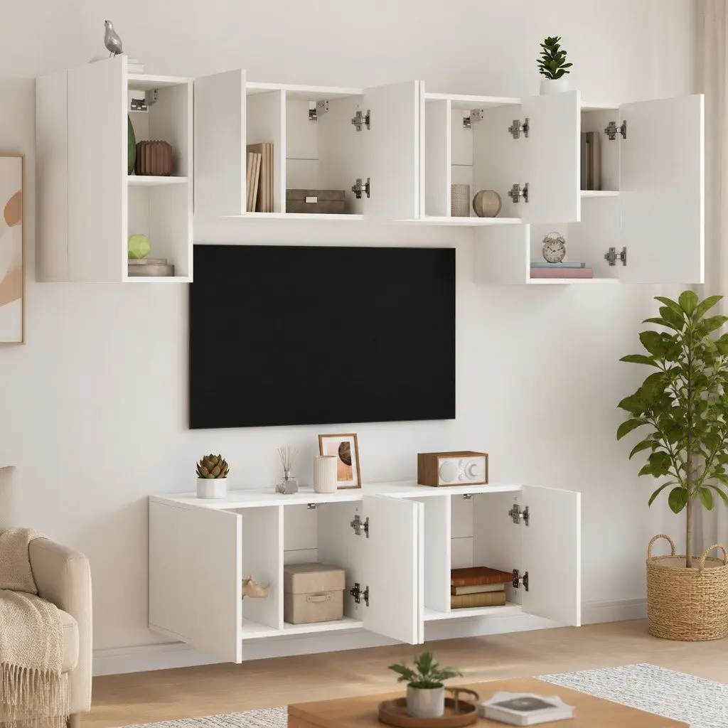TV Wall Unit Floating Storage Shelves 6 Piece White Engineered Wood