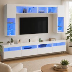 TV Wall Cabinet Set 8 Piece with RGB LED Lights White Floating Storage Unit
