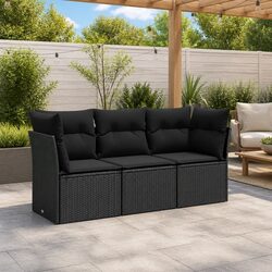 Garden Sofa Set 3 Piece Outdoor Furniture with Cushions Black Poly Rattan Patio