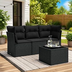 4 Piece Garden Sofa Set Outdoor Furniture with Cushions Black Poly Rattan Patio