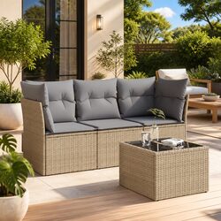 4-Piece Garden Sofa Set Beige Outdoor Patio Furniture Cushioned Rattan Lounge