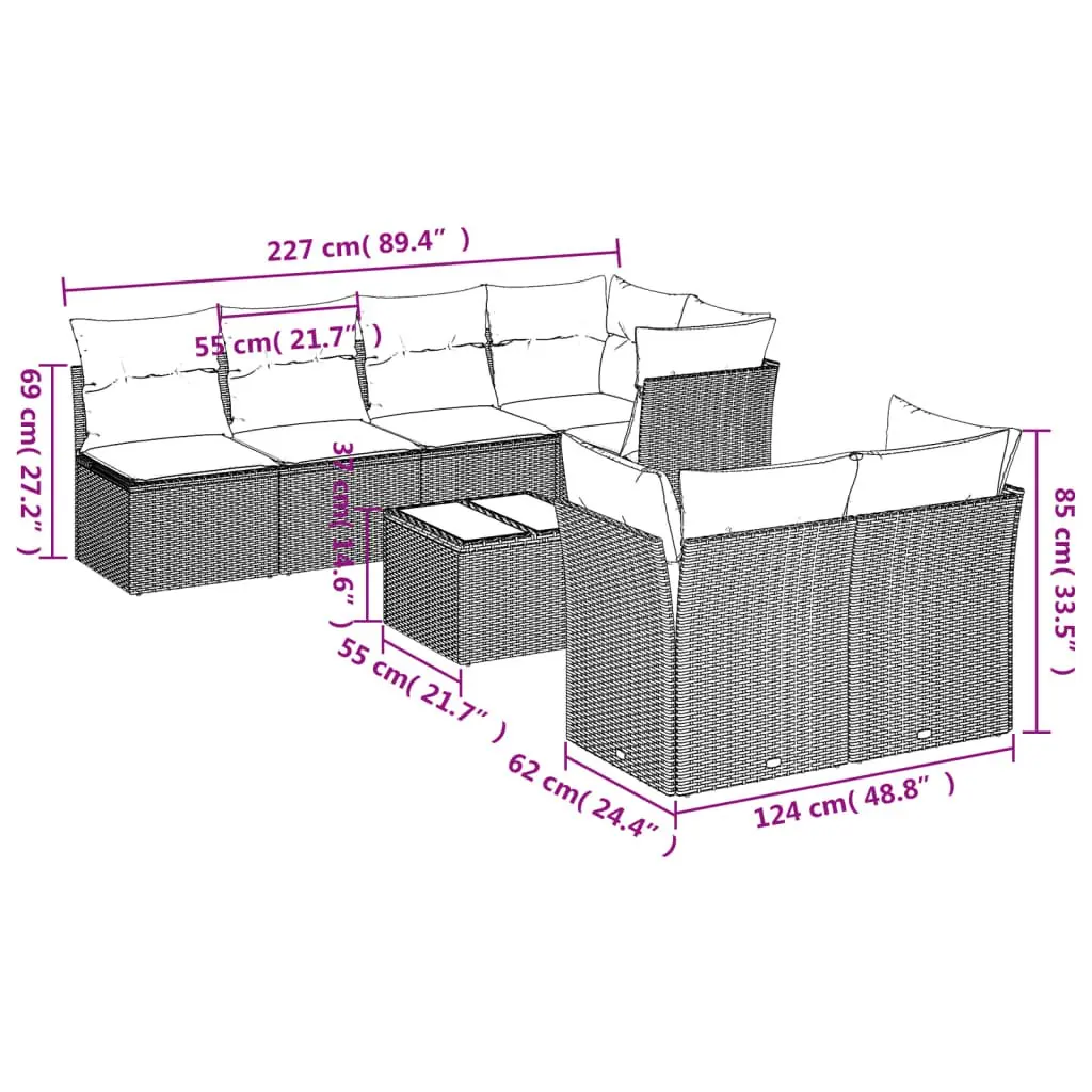 8 Piece Garden Sofa Set with Cushions Grey PE Rattan Outdoor Patio Furniture