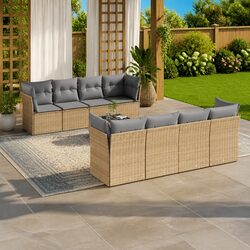Garden Sofa Set 9 Piece Outdoor Furniture Beige Poly Rattan Patio Lounge with