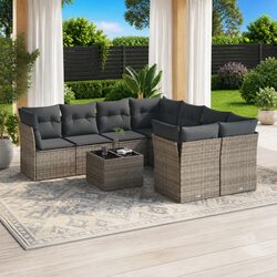 9 Piece Outdoor Garden Sofa Set with Cushions Grey Poly Rattan Patio Furniture