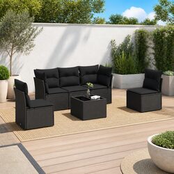 Garden Sofa Set 6 Piece Black Outdoor Furniture with Cushions Patio Seating