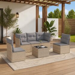 Outdoor Garden Sofa Set 6 Piece Patio Furniture with Cushions Beige Rattan