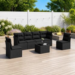 7 Piece Garden Sofa Set Outdoor Patio Furniture with Cushions Black Poly Rattan
