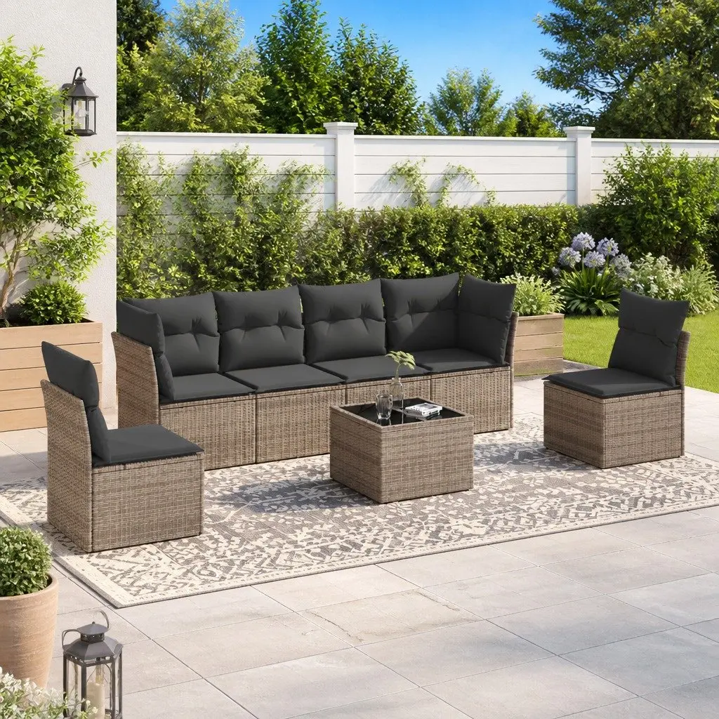 7 Piece Garden Sofa Set Outdoor Furniture Grey Poly Rattan Patio Lounge Cushions