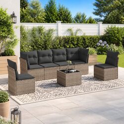 7 Piece Garden Sofa Set Outdoor Furniture Grey Poly Rattan Patio Lounge Cushions