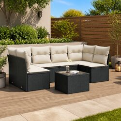 7 Piece Outdoor Garden Sofa Set with Cushions Black Poly Rattan Patio Furniture