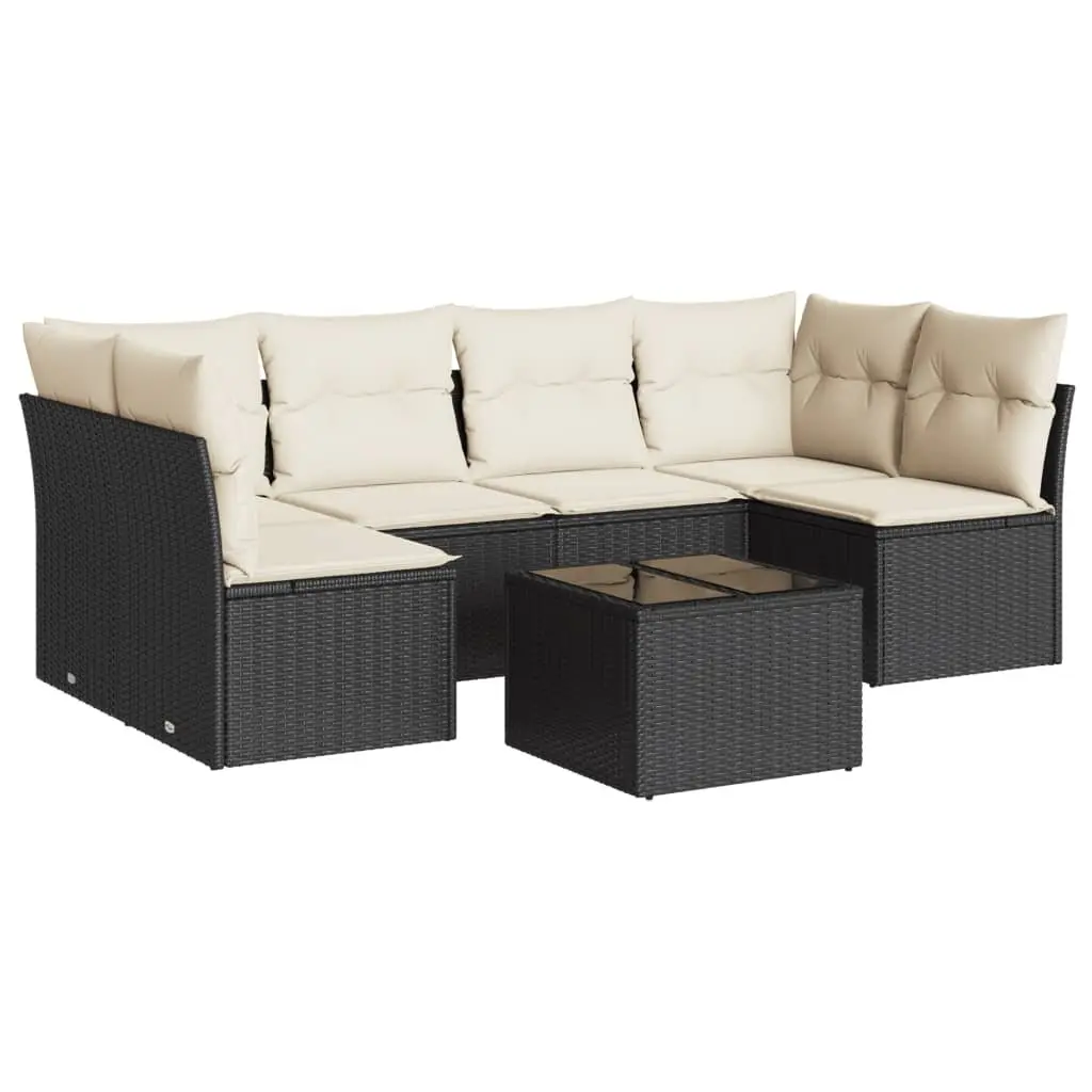 7 Piece Outdoor Garden Sofa Set with Cushions Black PE Rattan Modular Patio Furniture